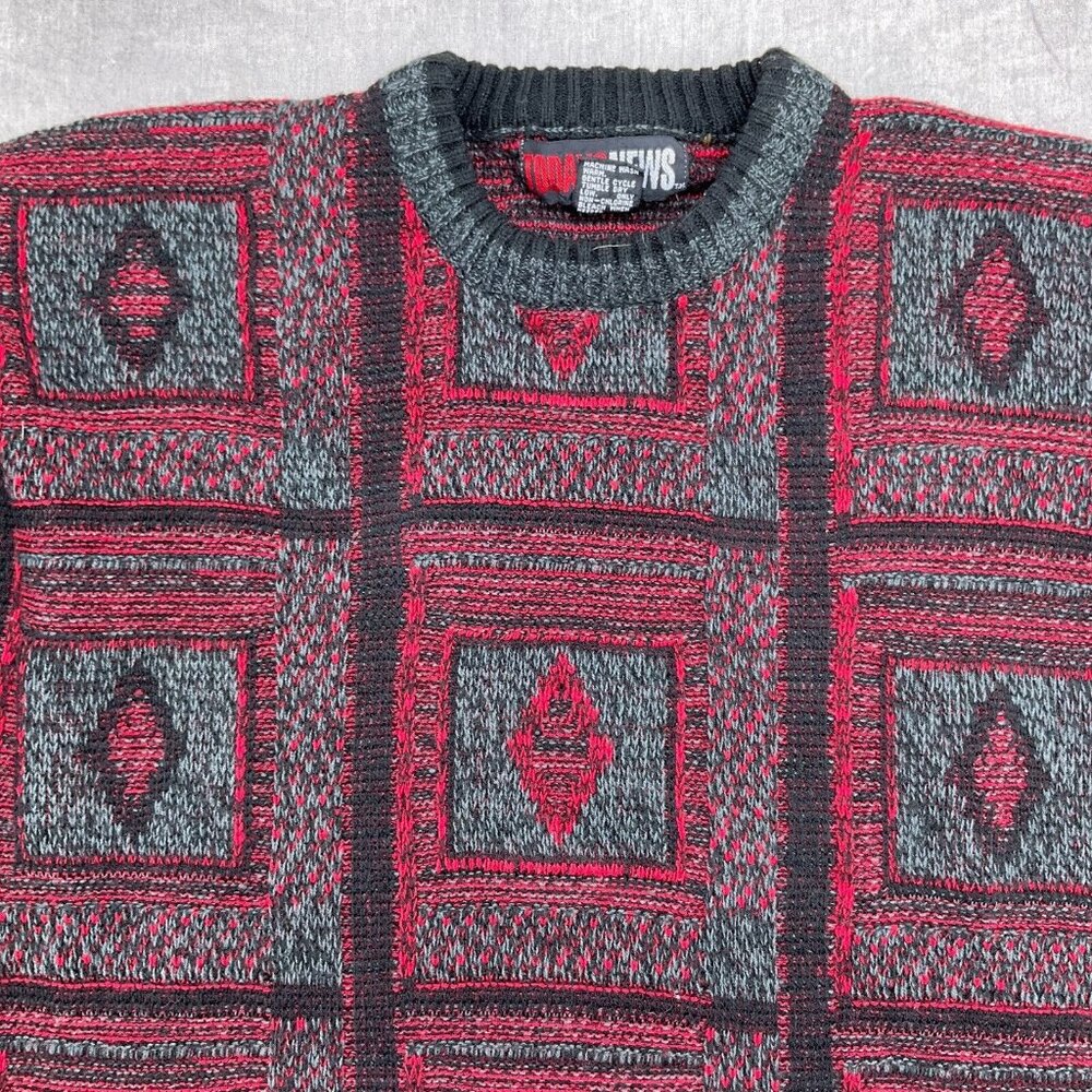 Todays News Sweater Men Large 42 Red Gray Black‎ Diamond Acrylic 80s 90s VTG - Picture 2 of 11